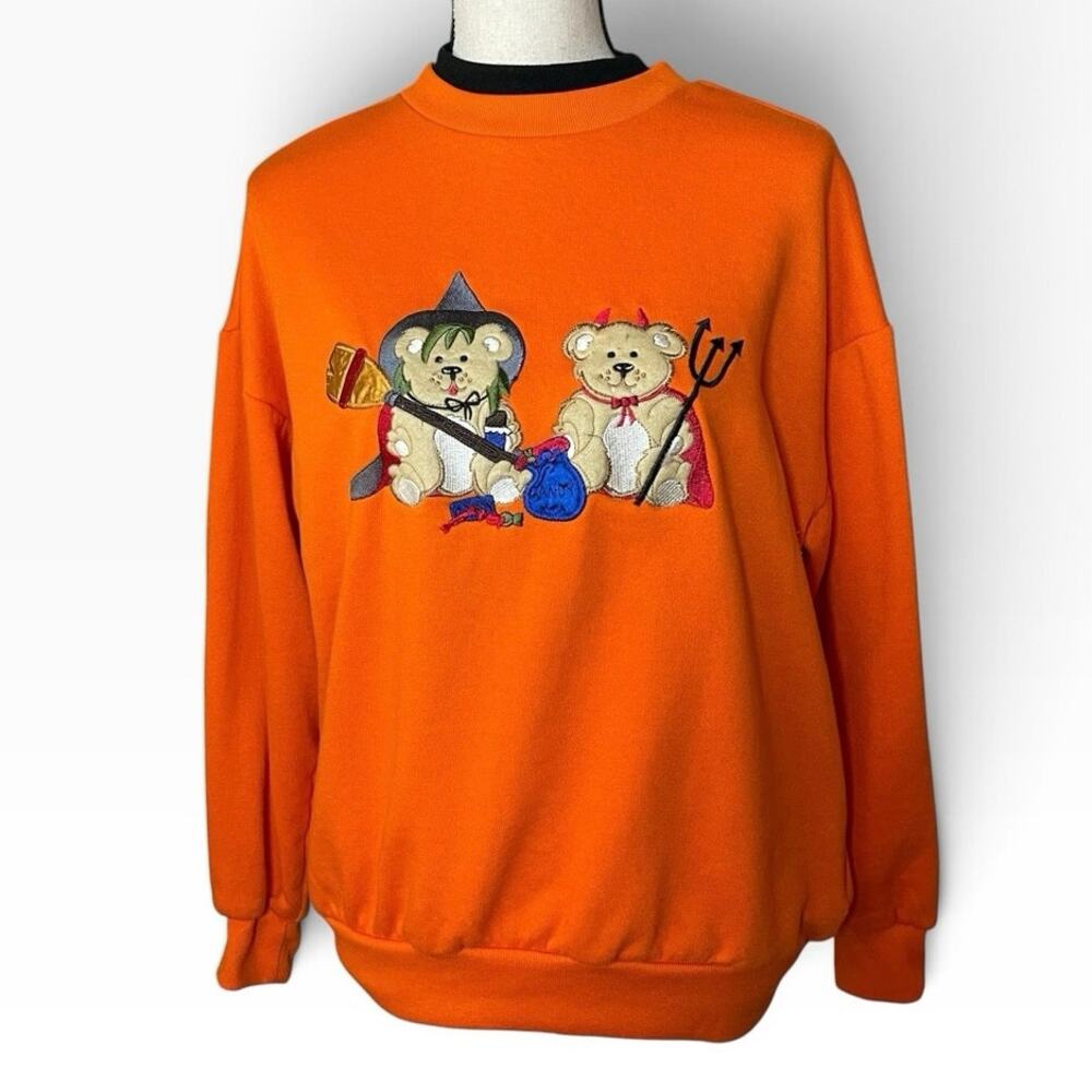 VTG Basic Editions Halloween Teddy Bear Embroidered Sweatshirt Orange Medium